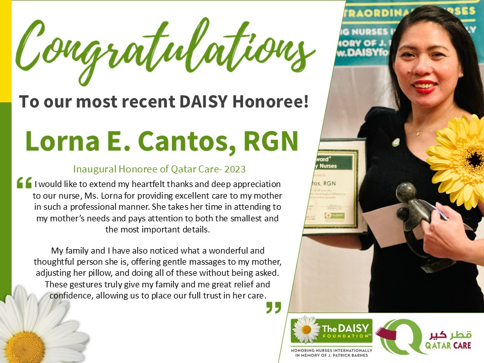 Lorna E. Cantos, RGN, has been named Qatar Care’s DAISY Honoree